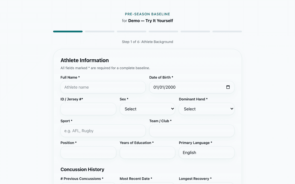 Pre-season SCAT6 baseline — athlete self-completing step 1 of 6 on a laptop