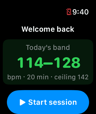 SST Trainer running on an Apple Watch — today's training band 114–128 bpm